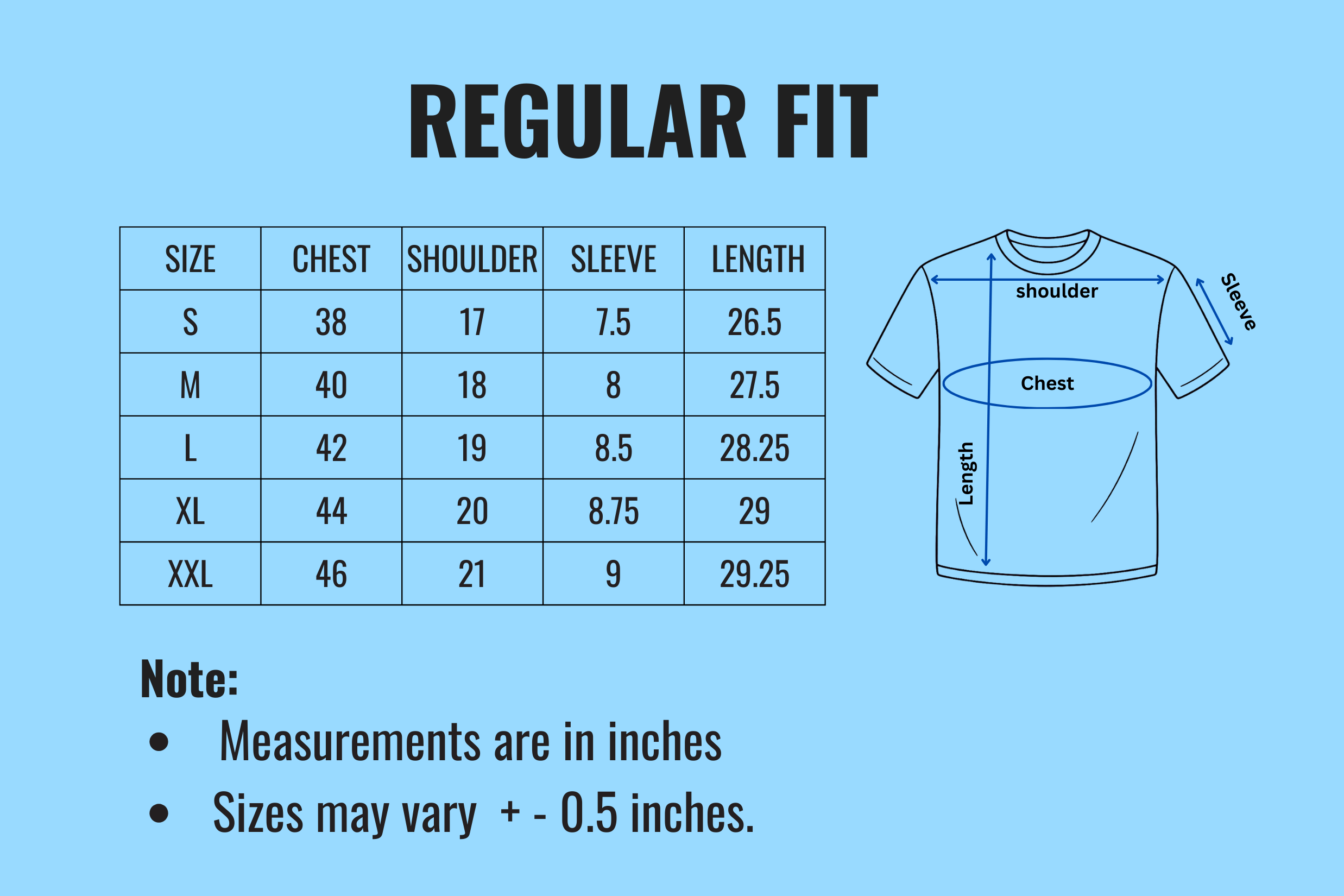 Regular Fit Size Chart — chest, shoulder, sleeve and length measurements in inches